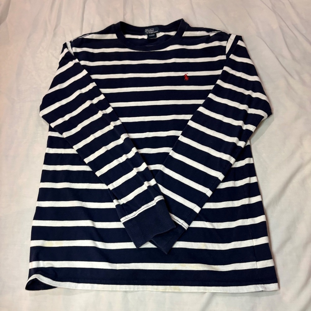 Polo Ralph Lauren Boys XL 18-20 Navy White Striped Long Sleeve T-Shirt Red Pony